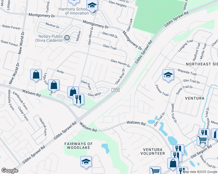 map of restaurants, bars, coffee shops, grocery stores, and more near 7326 Glen Cross Drive in San Antonio