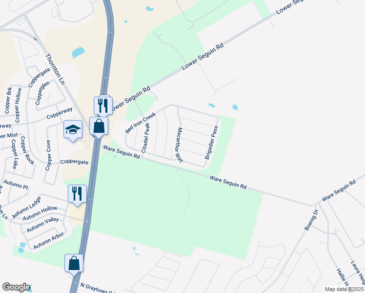 map of restaurants, bars, coffee shops, grocery stores, and more near 10407 Brisbane River in Converse