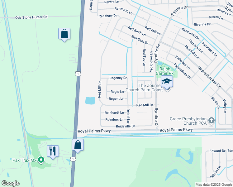 map of restaurants, bars, coffee shops, grocery stores, and more near 14 Regis Lane in Palm Coast