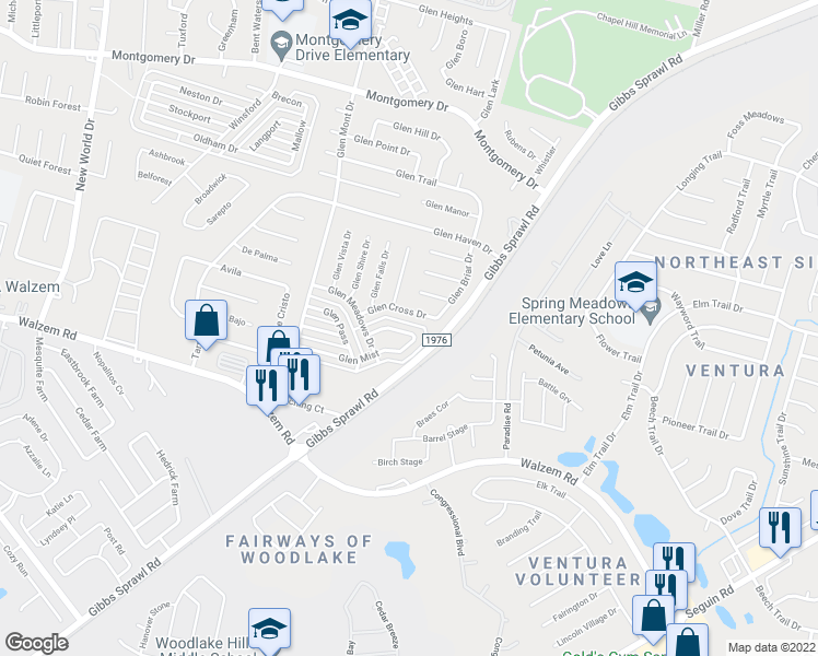 map of restaurants, bars, coffee shops, grocery stores, and more near 7326 Glen Cross Drive in San Antonio