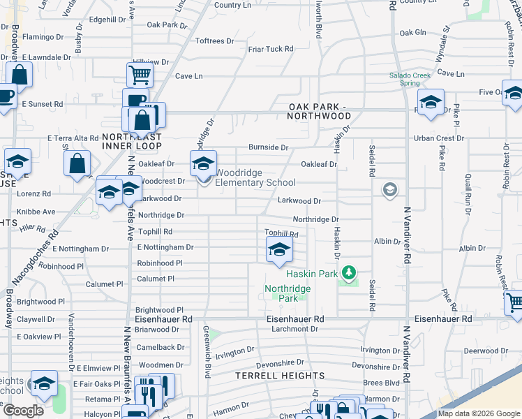 map of restaurants, bars, coffee shops, grocery stores, and more near 426 Larkwood Drive in San Antonio