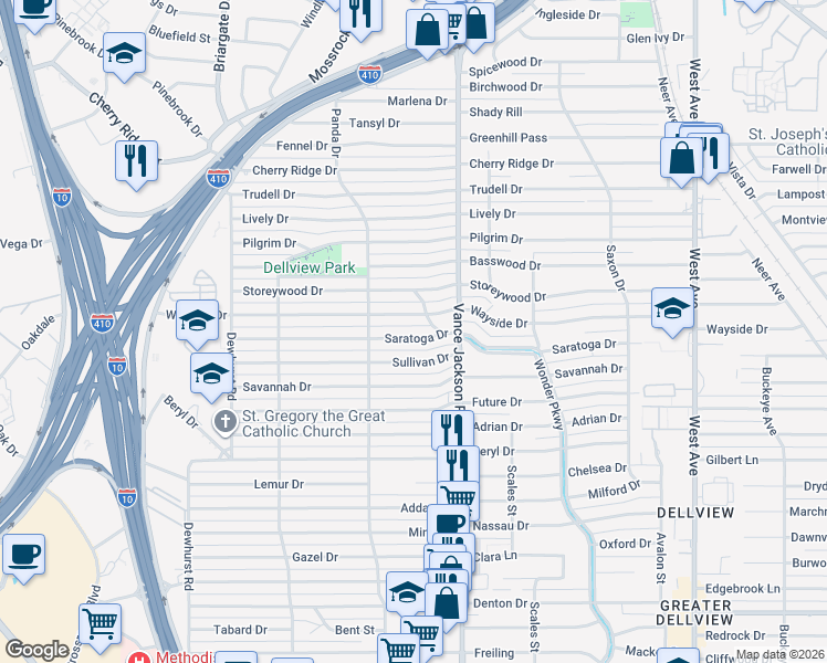 map of restaurants, bars, coffee shops, grocery stores, and more near 426 Wayside Drive in San Antonio