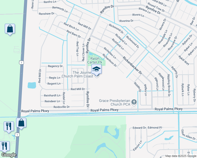 map of restaurants, bars, coffee shops, grocery stores, and more near 1425 Rymfire Drive in Palm Coast