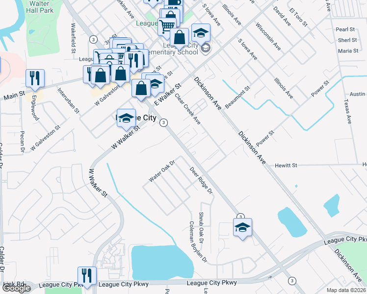 map of restaurants, bars, coffee shops, grocery stores, and more near State Highway 3 in League City
