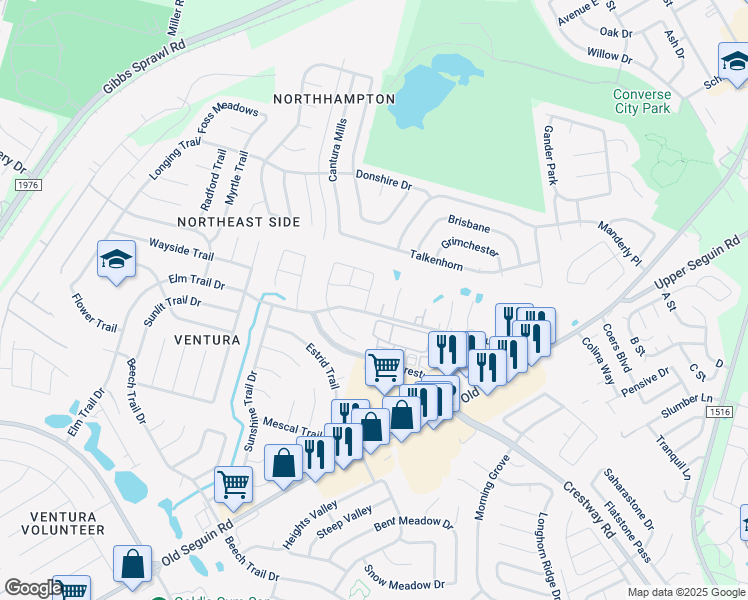 map of restaurants, bars, coffee shops, grocery stores, and more near 8365 Brucks Drive in Converse