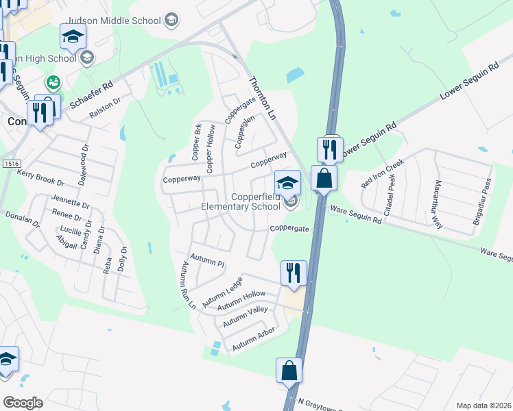 map of restaurants, bars, coffee shops, grocery stores, and more near 7546 Copper Meadow in Converse