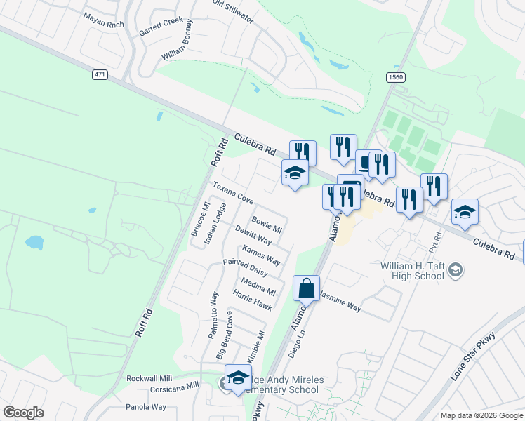 map of restaurants, bars, coffee shops, grocery stores, and more near 12051 Texana Cove in San Antonio