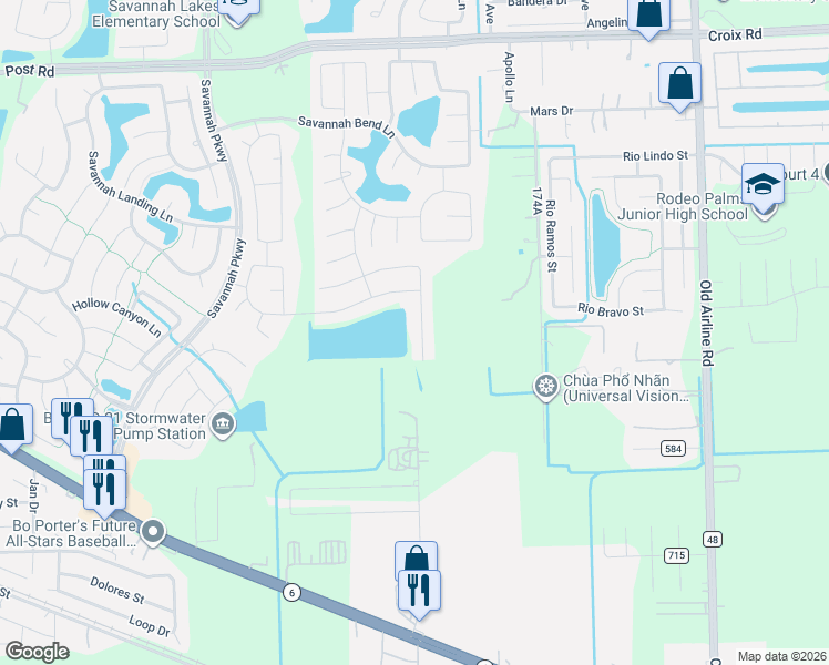 map of restaurants, bars, coffee shops, grocery stores, and more near 5610 Savannah Woods Lane in Rosharon