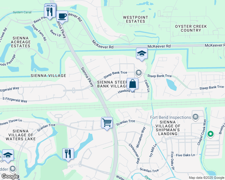 map of restaurants, bars, coffee shops, grocery stores, and more near 9718 Andrews Lane in Missouri City