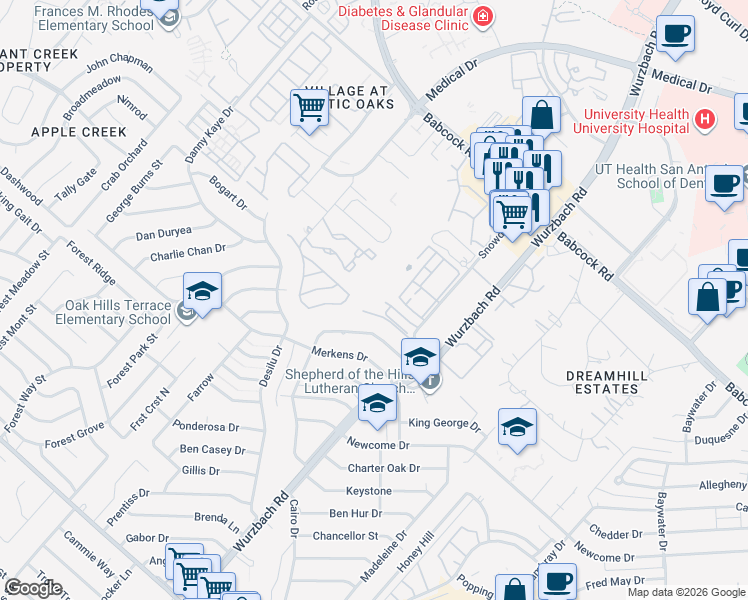 map of restaurants, bars, coffee shops, grocery stores, and more near 7239 Snowden Crest in San Antonio