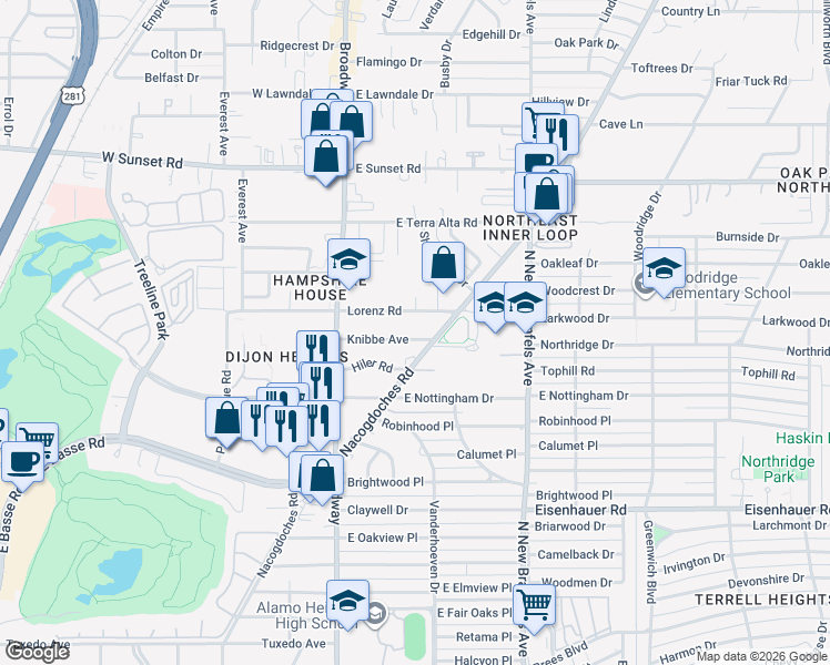 map of restaurants, bars, coffee shops, grocery stores, and more near 274 Lorenz Road in San Antonio