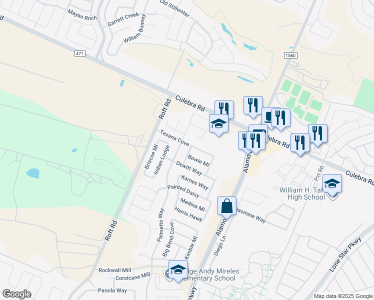 map of restaurants, bars, coffee shops, grocery stores, and more near 6430 Palmetto Way in San Antonio