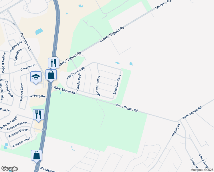 map of restaurants, bars, coffee shops, grocery stores, and more near 10430 Bulwark Peak in Converse