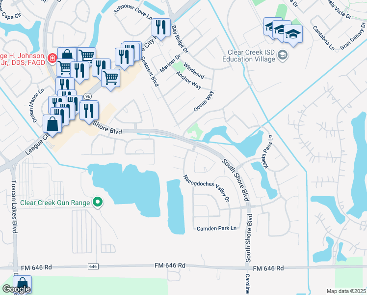 map of restaurants, bars, coffee shops, grocery stores, and more near Monticello Pines Lane in Dickinson
