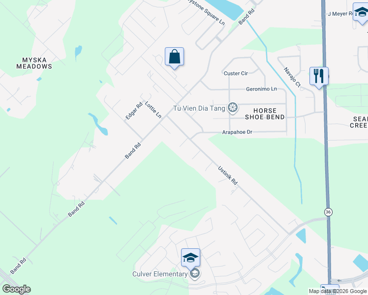 map of restaurants, bars, coffee shops, grocery stores, and more near 2711 Vail Road in Rosenberg
