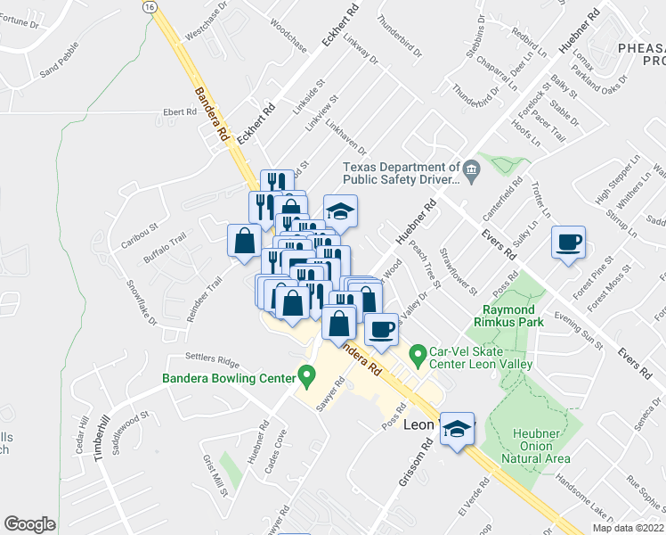 map of restaurants, bars, coffee shops, grocery stores, and more near 7101 Huebner Road in San Antonio