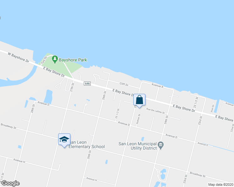map of restaurants, bars, coffee shops, grocery stores, and more near 2551 East Bay Shore Drive in San Leon