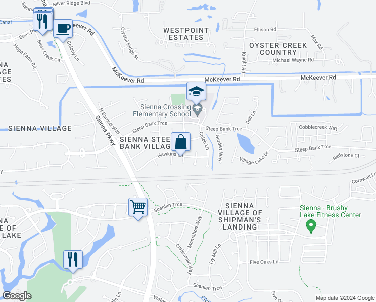 map of restaurants, bars, coffee shops, grocery stores, and more near 3706 Bailey Lane in Missouri City