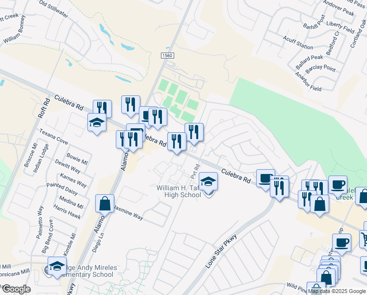 map of restaurants, bars, coffee shops, grocery stores, and more near 11555 Culebra Road in San Antonio
