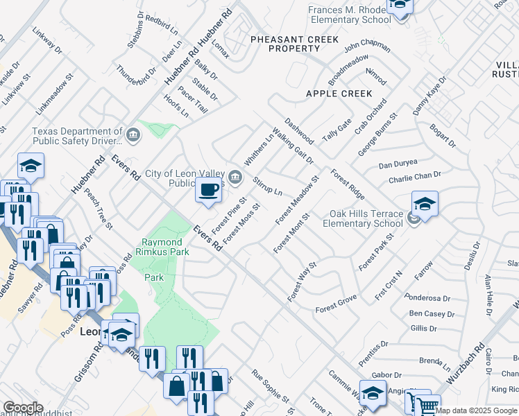 map of restaurants, bars, coffee shops, grocery stores, and more near 7126 Forest Pine Street in San Antonio
