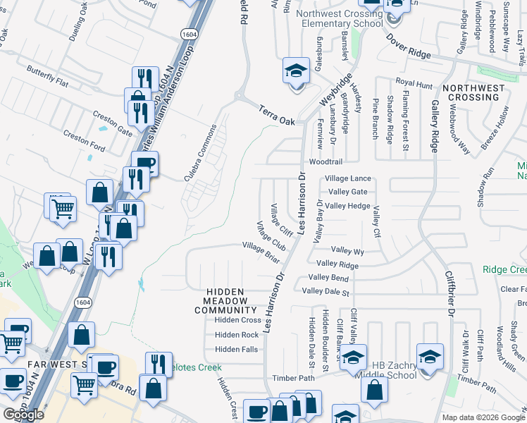map of restaurants, bars, coffee shops, grocery stores, and more near 6357 Village Club in San Antonio