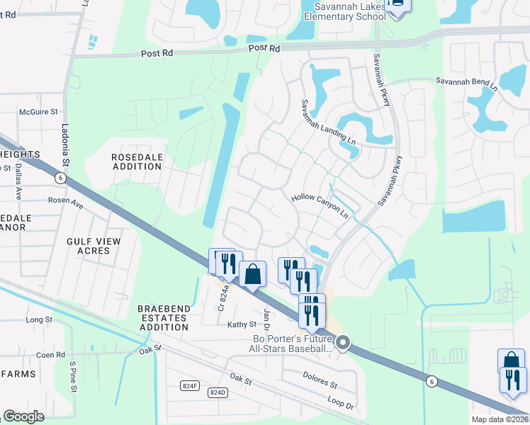 map of restaurants, bars, coffee shops, grocery stores, and more near 14120 Spring Knoll Lane in Rosharon