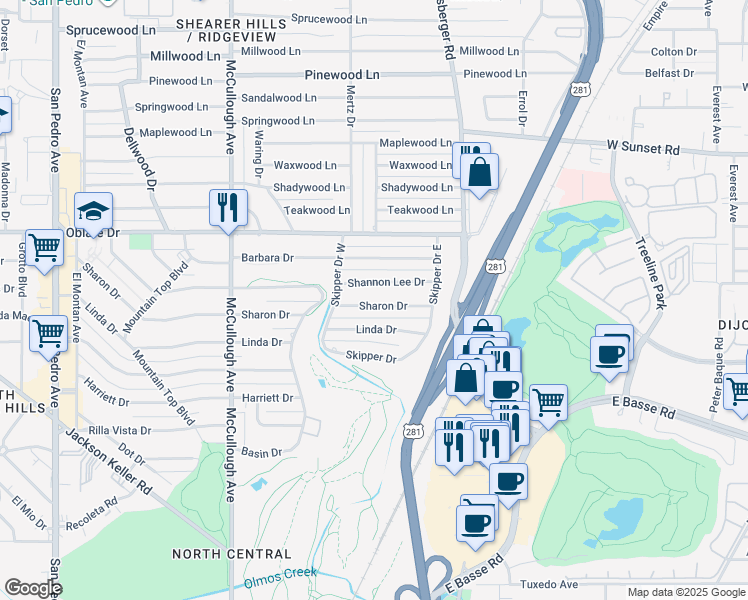 map of restaurants, bars, coffee shops, grocery stores, and more near 431 Sharon Drive in San Antonio