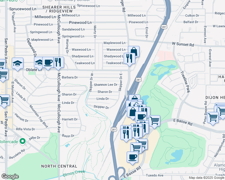map of restaurants, bars, coffee shops, grocery stores, and more near 459 Sharon Drive in San Antonio