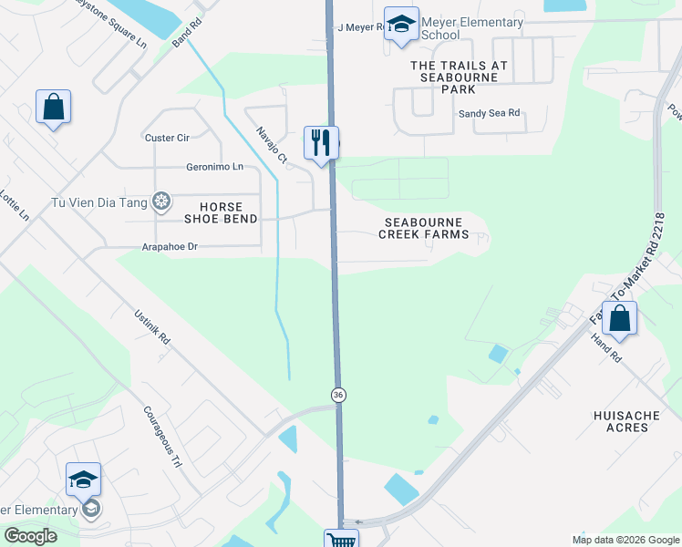 map of restaurants, bars, coffee shops, grocery stores, and more near 5703 Texas 36 in Rosenberg