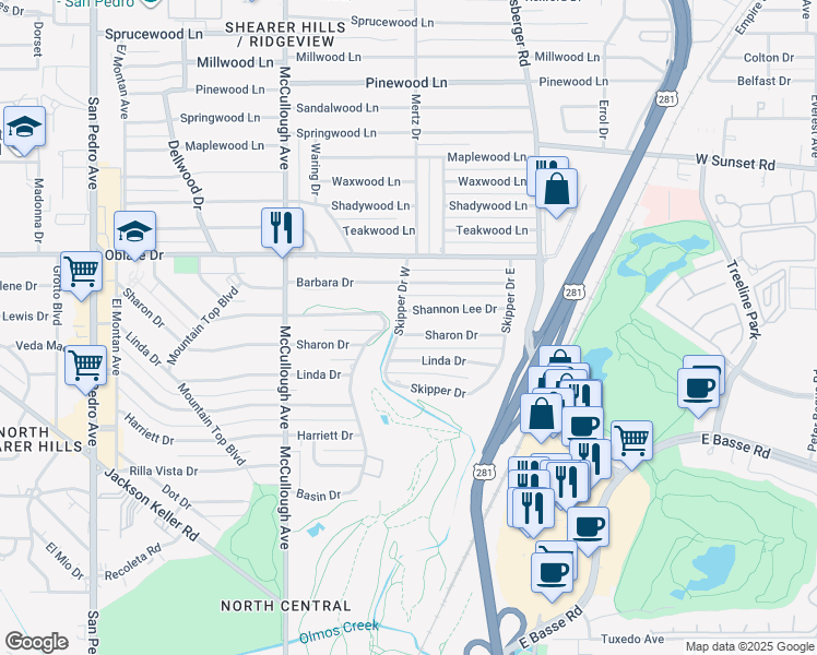 map of restaurants, bars, coffee shops, grocery stores, and more near 407 Sharon Drive in San Antonio