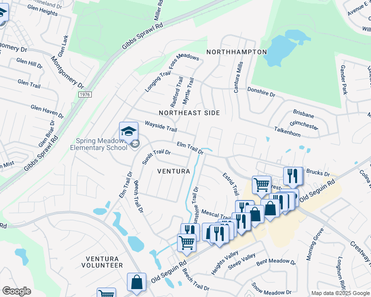map of restaurants, bars, coffee shops, grocery stores, and more near 7266 Elm Trail Drive in San Antonio