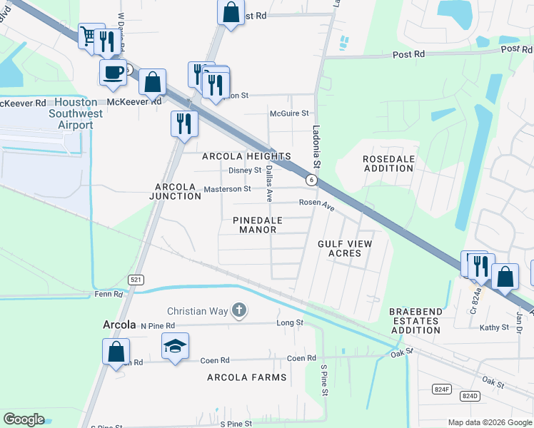 map of restaurants, bars, coffee shops, grocery stores, and more near 323 Pinedale Avenue in Rosharon