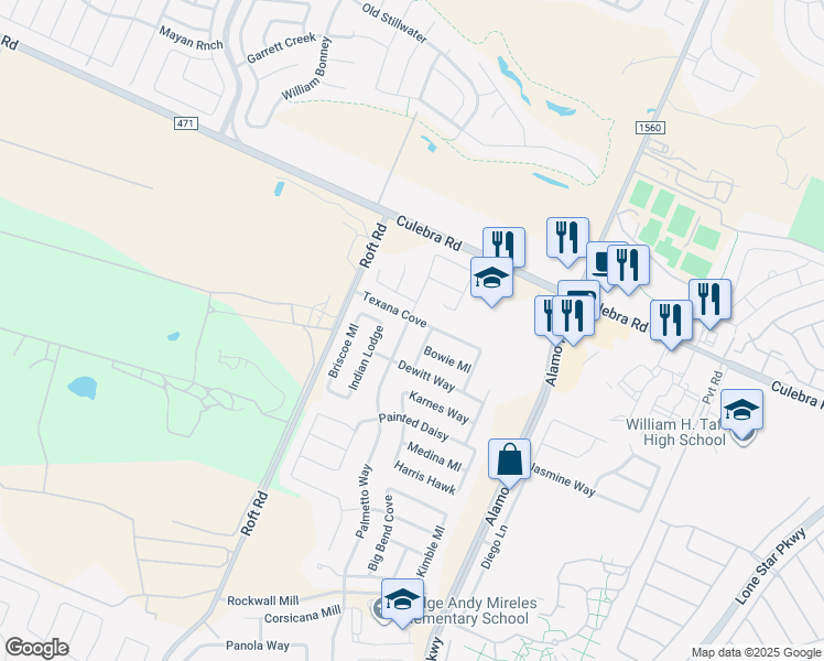 map of restaurants, bars, coffee shops, grocery stores, and more near 6430 Palmetto Way in San Antonio
