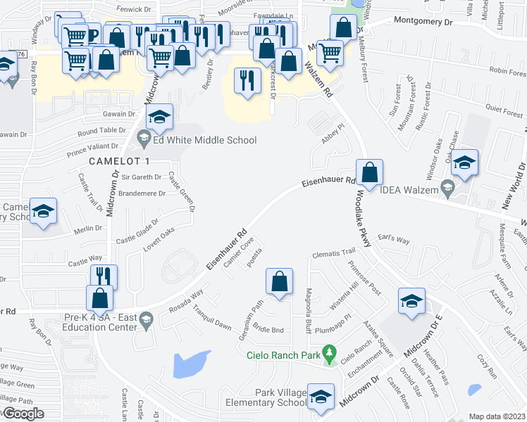 map of restaurants, bars, coffee shops, grocery stores, and more near 7025 Eisenhauer Road in San Antonio