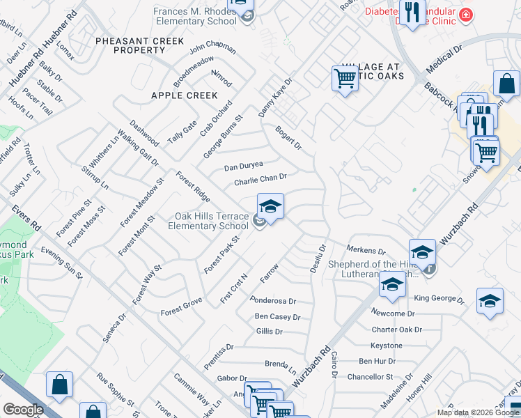 map of restaurants, bars, coffee shops, grocery stores, and more near 5711 Cary Grant Drive in San Antonio