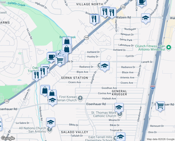 map of restaurants, bars, coffee shops, grocery stores, and more near 331 Blaze Avenue in San Antonio