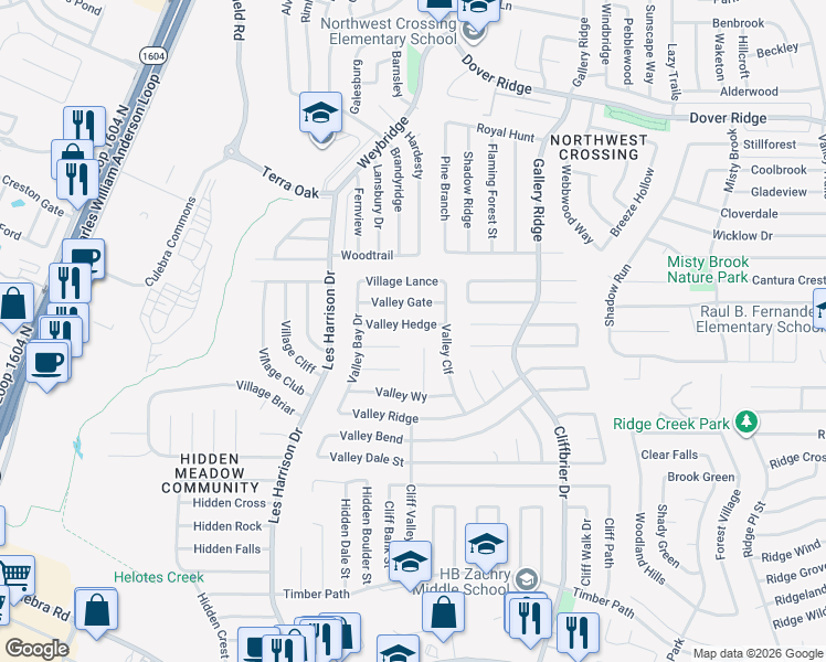 map of restaurants, bars, coffee shops, grocery stores, and more near 9334 Valley Hedge Drive in San Antonio