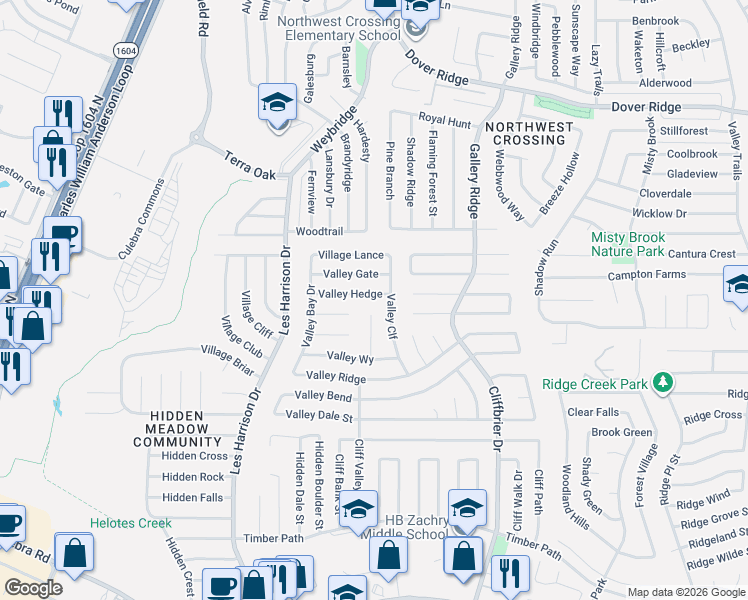 map of restaurants, bars, coffee shops, grocery stores, and more near 9334 Valley Hedge in San Antonio