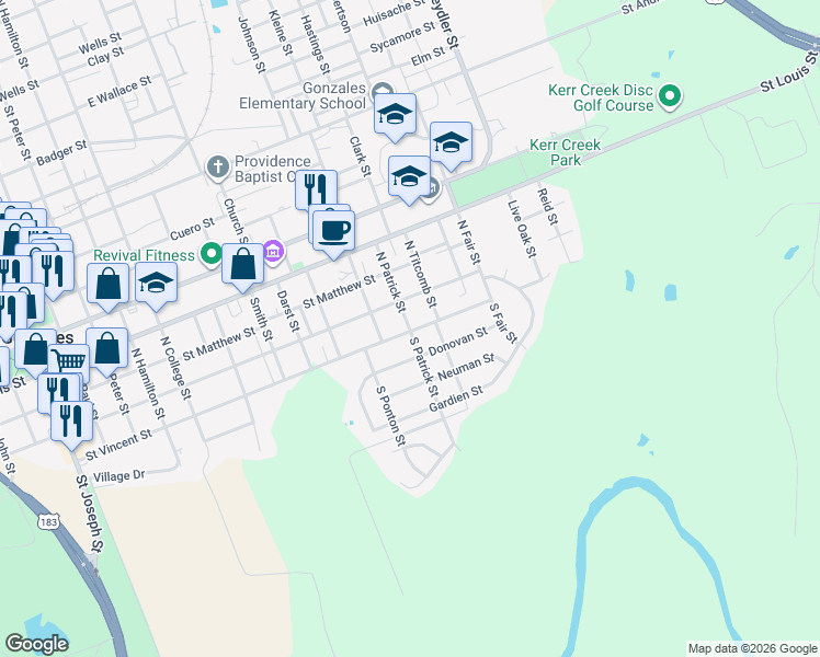 map of restaurants, bars, coffee shops, grocery stores, and more near 113 North Patrick Street in Gonzales