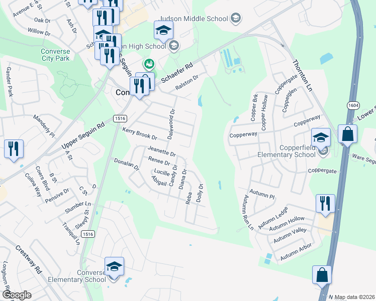 map of restaurants, bars, coffee shops, grocery stores, and more near 309 Crown Court in Converse