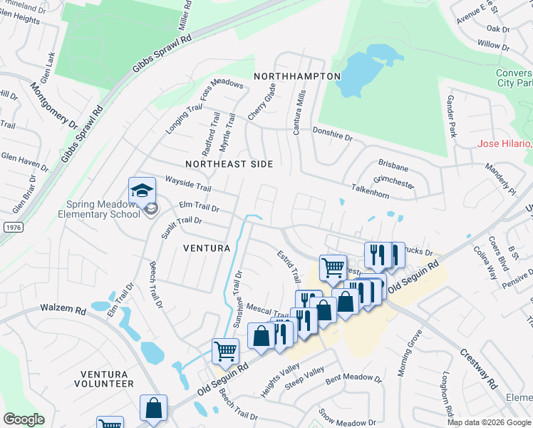 map of restaurants, bars, coffee shops, grocery stores, and more near 7506 Crestway Ridge in San Antonio