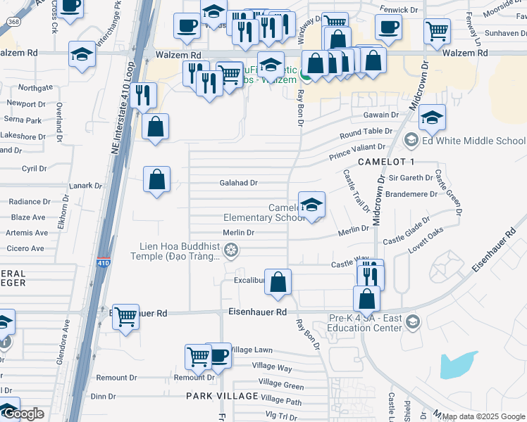 map of restaurants, bars, coffee shops, grocery stores, and more near 5127 Lancelot Drive in San Antonio