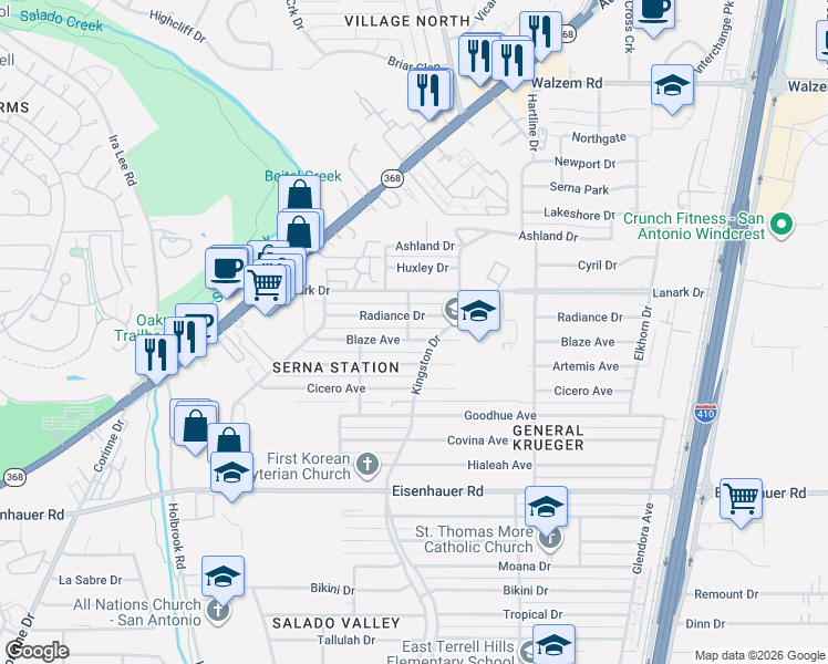 map of restaurants, bars, coffee shops, grocery stores, and more near 331 Blaze Avenue in San Antonio