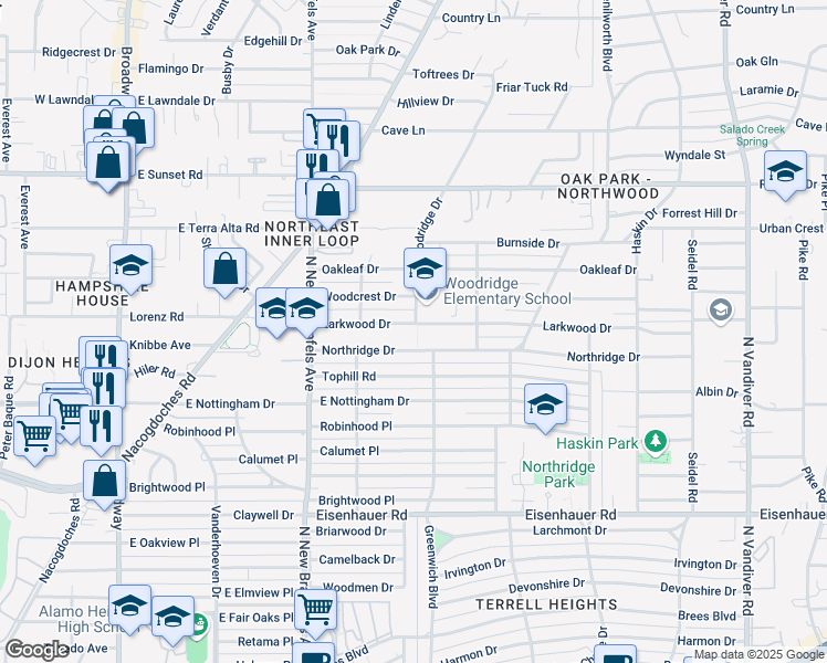 map of restaurants, bars, coffee shops, grocery stores, and more near 226 Larkwood Drive in San Antonio