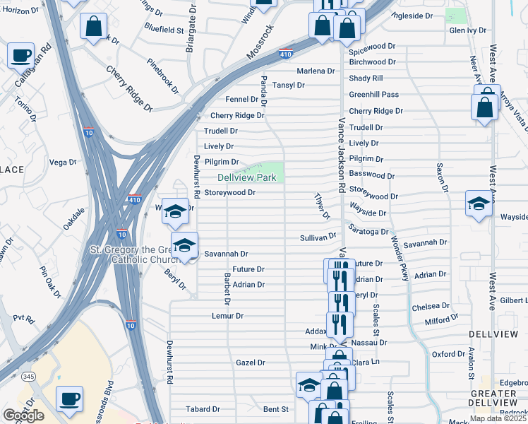 map of restaurants, bars, coffee shops, grocery stores, and more near 514 Wayside Drive in San Antonio
