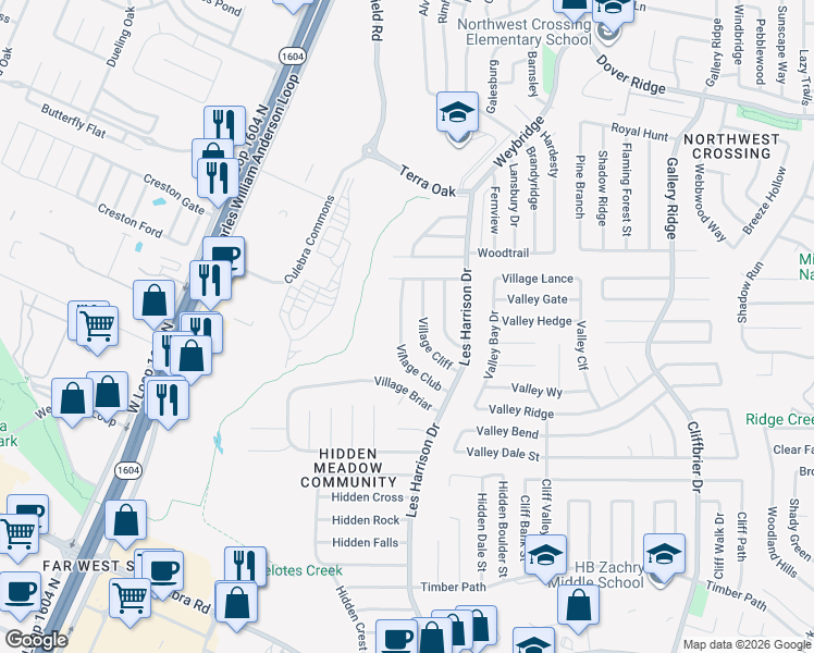 map of restaurants, bars, coffee shops, grocery stores, and more near 6357 Village Club in San Antonio