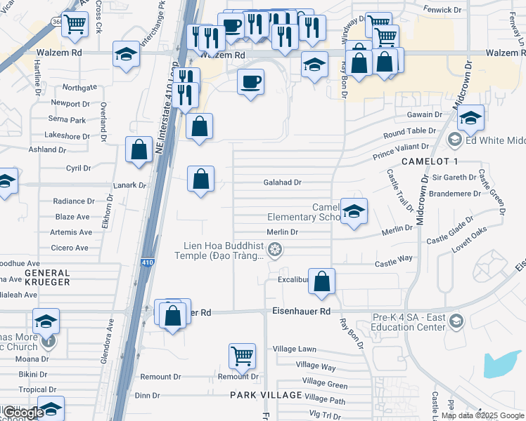 map of restaurants, bars, coffee shops, grocery stores, and more near 5031 Lancelot Drive in San Antonio