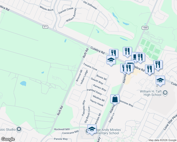map of restaurants, bars, coffee shops, grocery stores, and more near 6819 Indian Lodge in San Antonio