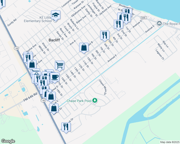 map of restaurants, bars, coffee shops, grocery stores, and more near 4742 11th St in Bacliff