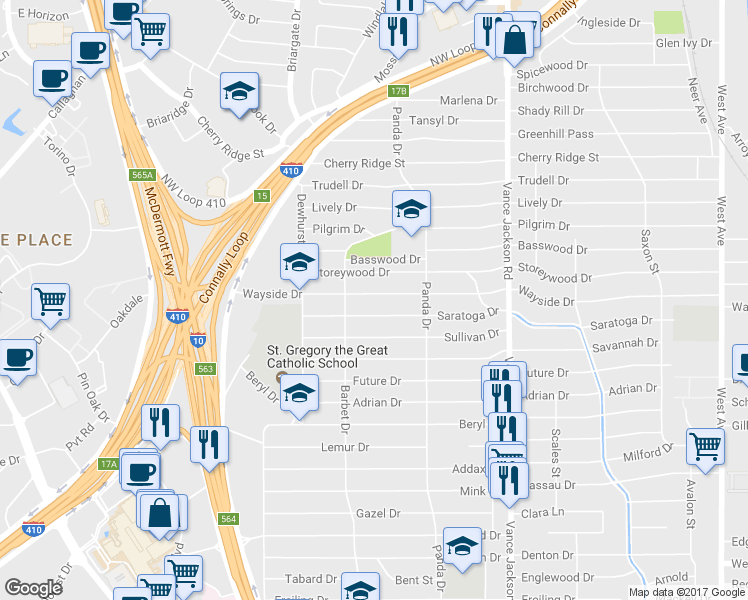 map of restaurants, bars, coffee shops, grocery stores, and more near 542 Wayside Dr in San Antonio